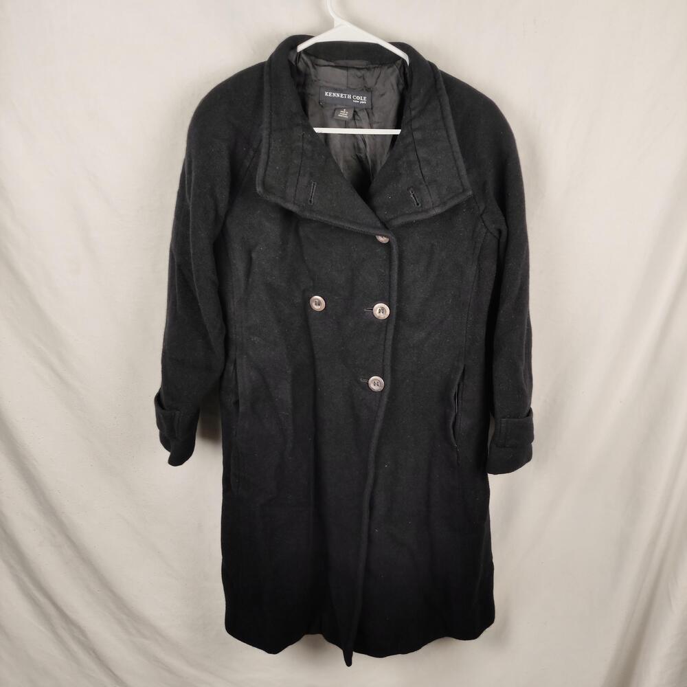Kenneth Cole Coat Womens 6 Black Wool Twill Double Breasted Mid Length Pockets